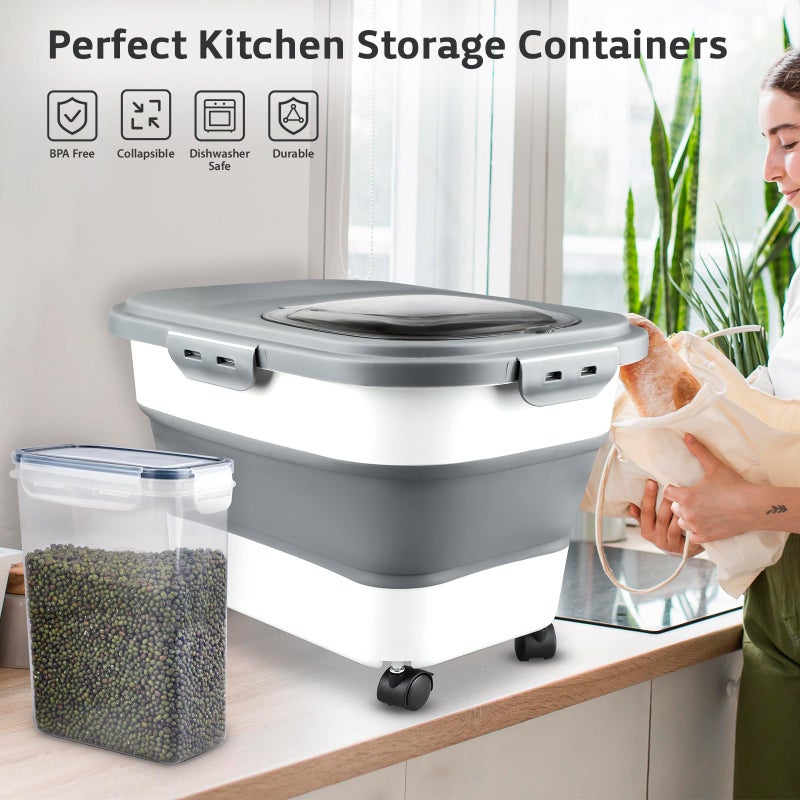 Komzon Rice Storage Containers, Collapsible 20 to 30Lbs Food Storage Bin Dispenser with Rolling Wheel and Clear Airtight Lid, BPA Free Flour, Sugar, Cereal and Dog Cat Pet food Containers - Image 4