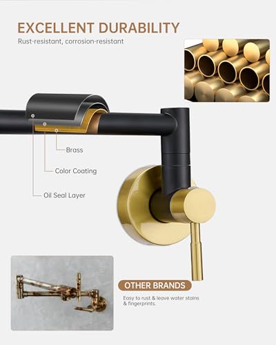 Fransiton Black & Gold Pot Filler, Pot Filler Faucet Wall Mount, Brass Folding Stretchable with Double Joint Swing Arm Single Hole Two Handles Kitchen Restaurant - Image 5