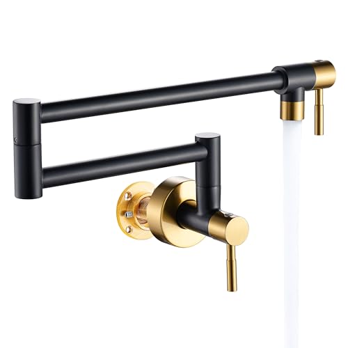 Fransiton Black & Gold Pot Filler, Pot Filler Faucet Wall Mount, Brass Folding Stretchable with Double Joint Swing Arm Single Hole Two Handles Kitchen Restaurant - Image 1