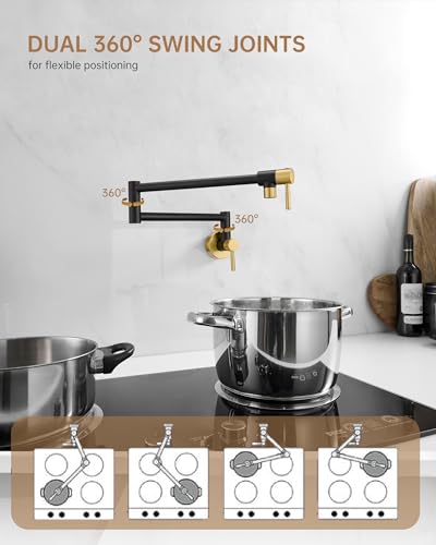 Fransiton Black & Gold Pot Filler, Pot Filler Faucet Wall Mount, Brass Folding Stretchable with Double Joint Swing Arm Single Hole Two Handles Kitchen Restaurant - Image 4