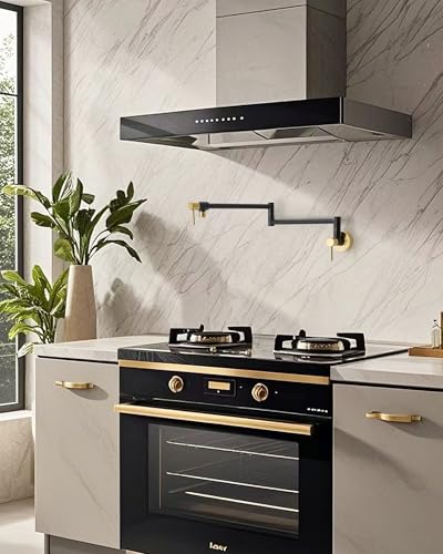 Fransiton Black & Gold Pot Filler, Pot Filler Faucet Wall Mount, Brass Folding Stretchable with Double Joint Swing Arm Single Hole Two Handles Kitchen Restaurant - Image 2