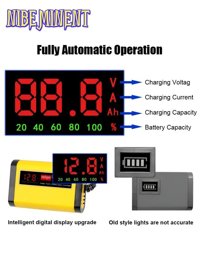 NIBEMINENT 1pcs Smart 12V 2A Car Battery Charger, 3-stage fully automatic charging, LCD display, durable ABS flame retardant housing, 110V/220V power supply with UK plug, for lead-acid AGM GEL batteries, battery not included  - Image 3