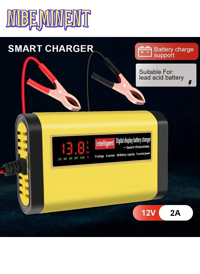 NIBEMINENT 1pcs Smart 12V 2A Car Battery Charger, 3-stage fully automatic charging, LCD display, durable ABS flame retardant housing, 110V/220V power supply with UK plug, for lead-acid AGM GEL batteries, battery not included  - Image 1