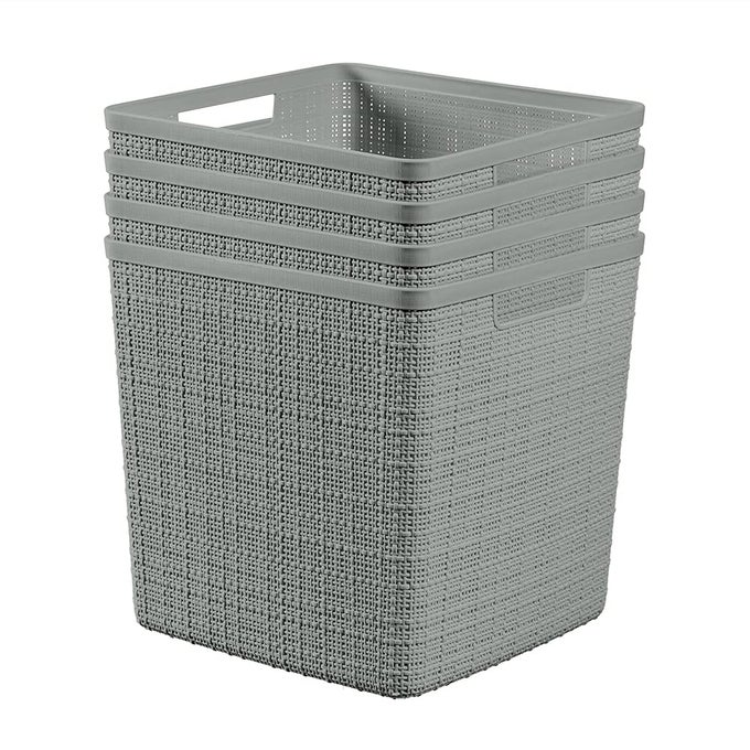 SET OF 4 JUTE LARGE CUBE DECORATIVE PLASTIC ORGANIZATION AND STORAGE BASKETS PERFECT BINS FOR HOME OFFICE CLOSET SHELVES KITCHEN PANTRY AND ALL BEDROOM ESSENTIALS GREY