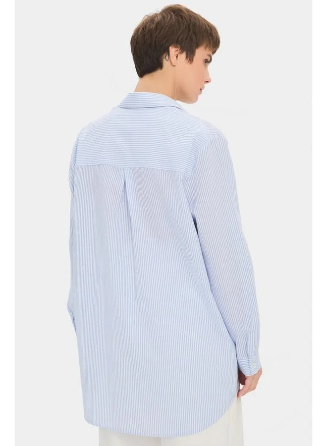 JUNE June Women Oversize/Loose Fit 100% Cotton Blue Striped Shirt Blue