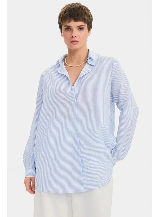 JUNE June Women Oversize/Loose Fit 100% Cotton Blue Striped Shirt Blue