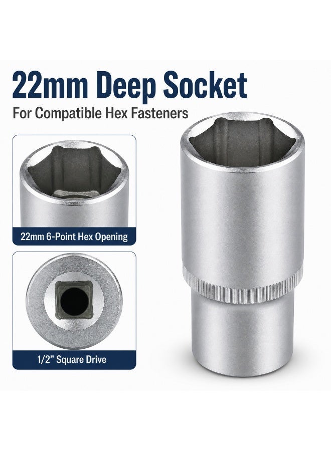22mm Deep Socket Wrench, 1/2 Inch Drive, 6 Point Chrome Vanadium Steel Socket for Ratchet, Breaker Bar, Automotive Repair and Workshop Use - Image 3