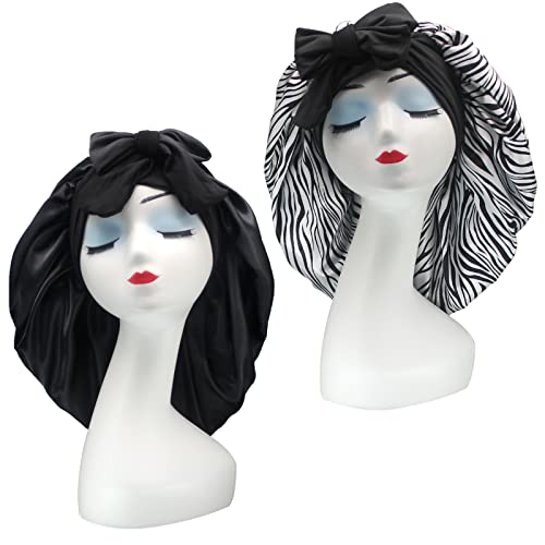Hanbertti 2 Pack Silk Satin Hair Bonnet with Stretch Tie Band for Curly Hair Sleeping Adult Women Girls Black  Zebra Print
