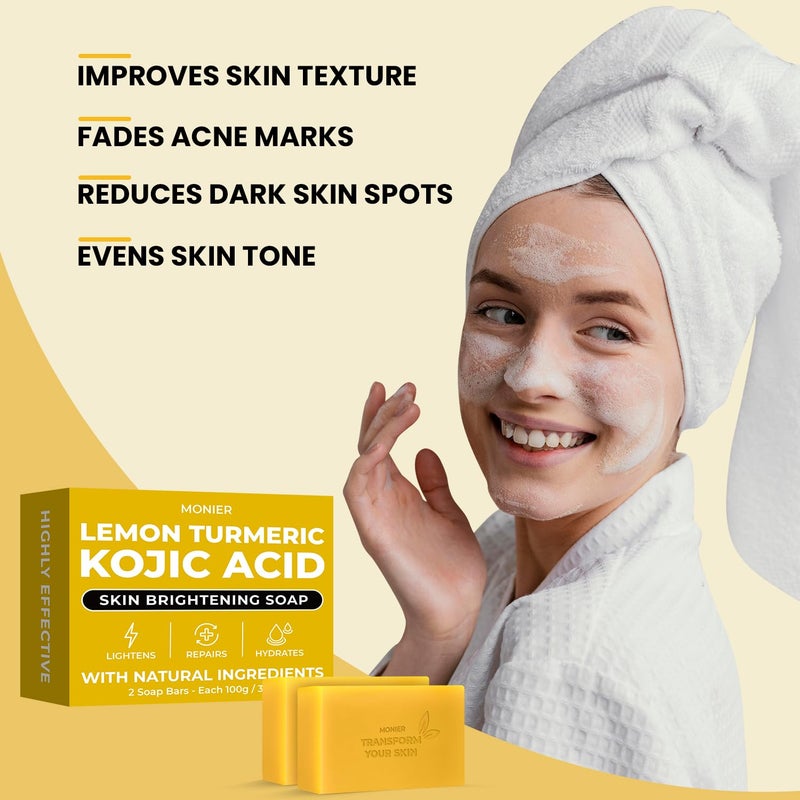 MONIER Brightening Lemon Turmeric Kojic Acid Soap Bars with Collagen Turmeric Coconut Oil Vitamin C Vitamin E Moisturizing Nourishing Original Japanese Complex 2 Soap Bars Storage Net - Image 4