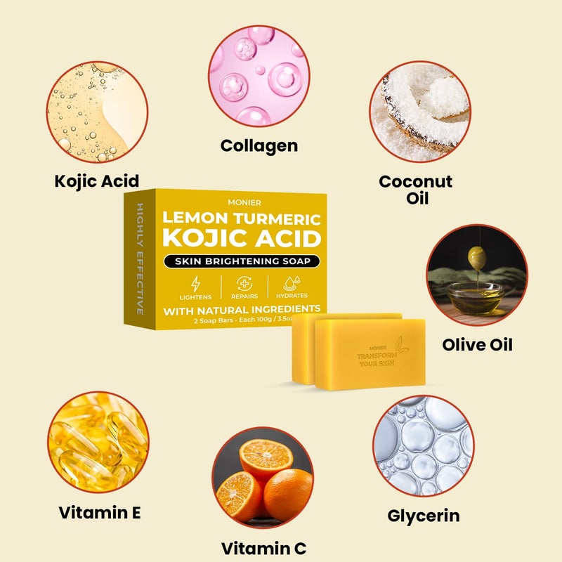 MONIER Brightening Lemon Turmeric Kojic Acid Soap Bars with Collagen Turmeric Coconut Oil Vitamin C Vitamin E Moisturizing Nourishing Original Japanese Complex 2 Soap Bars Storage Net - Image 5