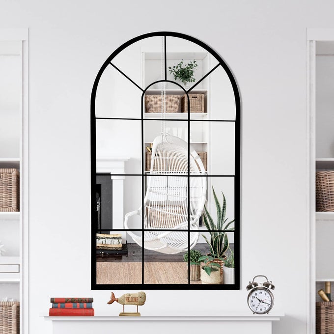 WALL MIRROR WINDOW DECORATIVE MIRRORS ARCHED FARMHOUSE FOR LIVING ROOM BEDROOM ENTRYWAY BATHROOM VANITY BLACK413X 24 X1