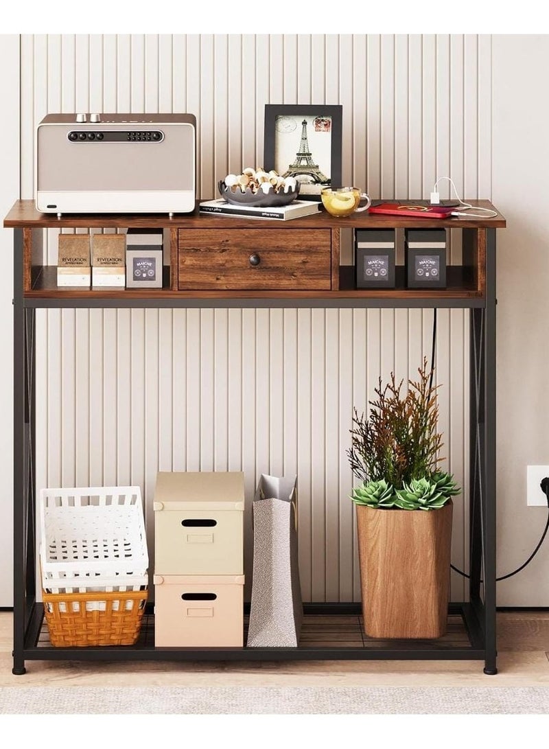 Generic Modern design table, wood and iron console table, 1 drawer and 2 shelves, dark gray wood with dark frameEI-301  - Image 1