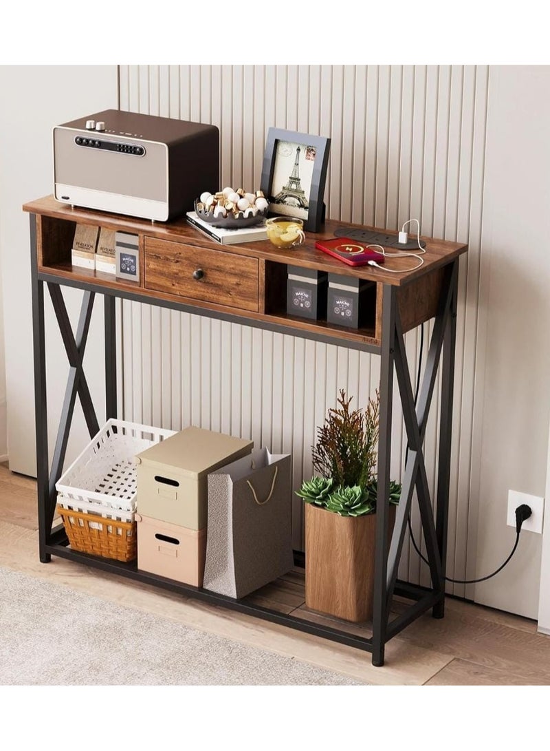 Generic Modern design table, wood and iron console table, 1 drawer and 2 shelves, dark gray wood with dark frameEI-301  - Image 2