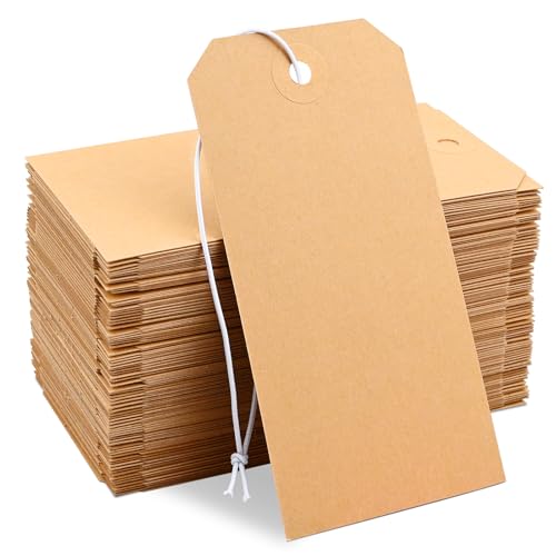 koorito 100 Pack Manila Shipping Tags with Elastic String Blank Labeling Tags with Strings Attached, 4 3/4" x 2 3/8" - Image 1