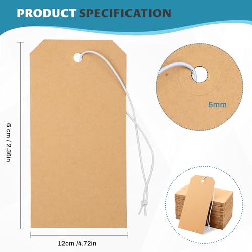 koorito 100 Pack Manila Shipping Tags with Elastic String Blank Labeling Tags with Strings Attached, 4 3/4" x 2 3/8" - Image 2