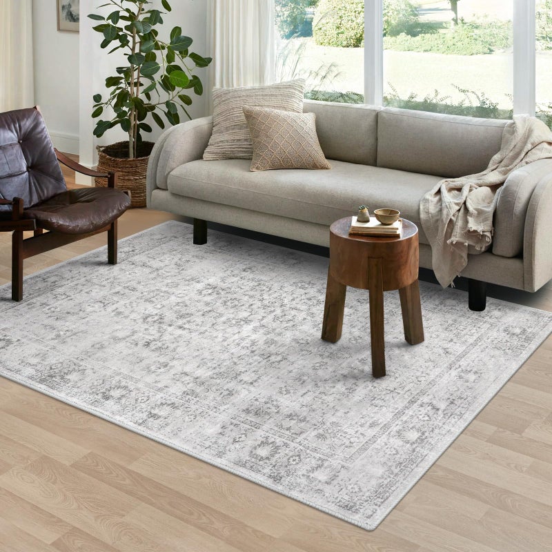 لايف بوكس سجادة لايف بوكس قابلة للغسل، مقاس 5x7، سجادة كبيرة بنمط بوهيمي لغرفة المعيشة، سجاد رمادي عتيق لغرفة النوم، سجادة خفيفة الوزن بنمط ريترو، سجاد مزخرف بنقوش زهور لغرفة الأطفال، منطقة ذات حركة مرور عالية - Image 1