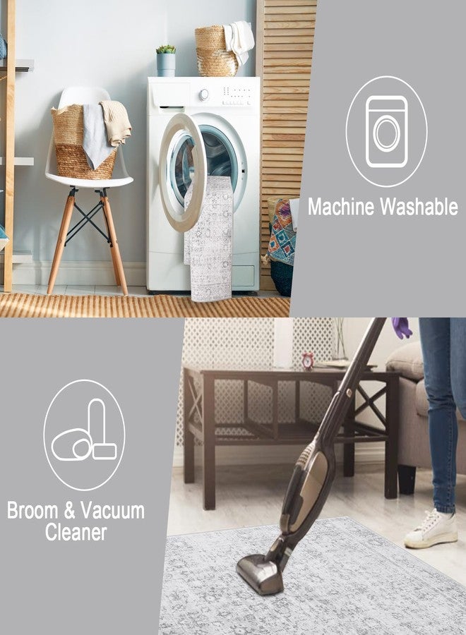 لايف بوكس سجادة لايف بوكس قابلة للغسل، مقاس 5x7، سجادة كبيرة بنمط بوهيمي لغرفة المعيشة، سجاد رمادي عتيق لغرفة النوم، سجادة خفيفة الوزن بنمط ريترو، سجاد مزخرف بنقوش زهور لغرفة الأطفال، منطقة ذات حركة مرور عالية - Image 4