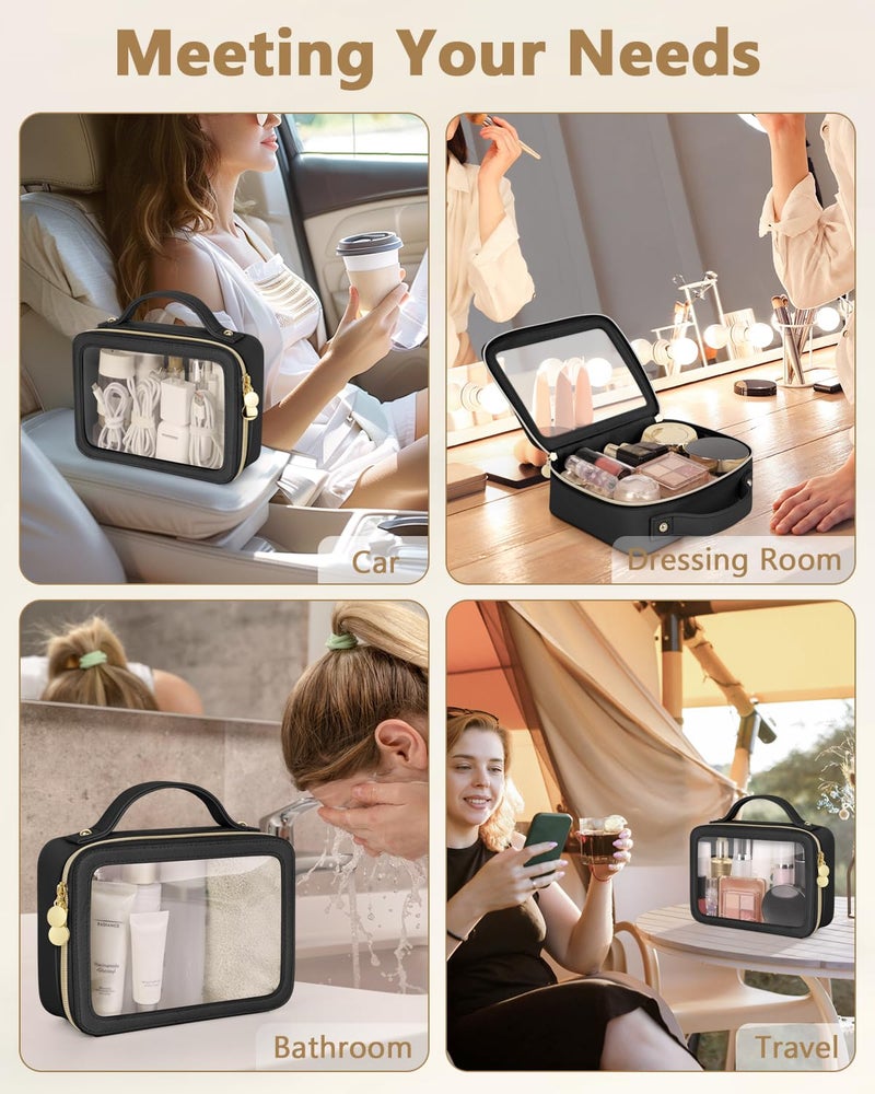 Soimeat Clear Makeup Bag, Portable Travel Cosmetic Bags, Multipurpose Leather Toiletry Bag with Zipper, Waterproof Transparent Cosmetic Organizer for Women, Medium, Black - Image 4