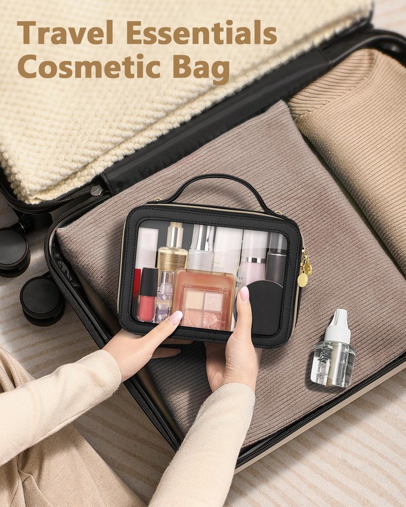 Soimeat Clear Makeup Bag, Portable Travel Cosmetic Bags, Multipurpose Leather Toiletry Bag with Zipper, Waterproof Transparent Cosmetic Organizer for Women, Medium, Black - Image 3