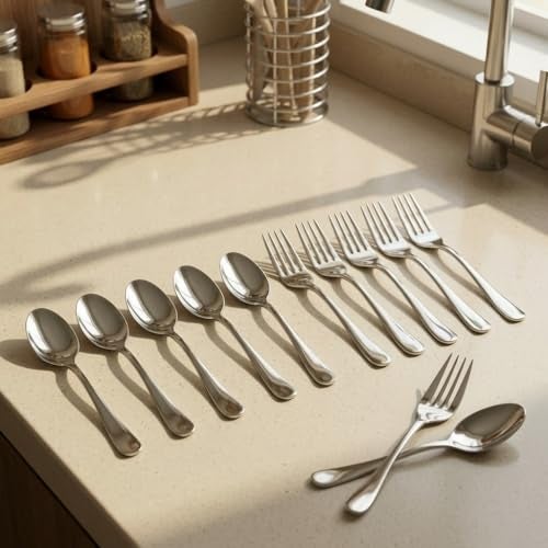 Frenchware Cutlery (Set of 12, Stainless Steel Spoons - 6 and Forks - 6), 100% Food Grade, Non Toxic, Anti-Rust, Dishwasher Safe, Perfect Gifting Set for All Occasions - Image 1
