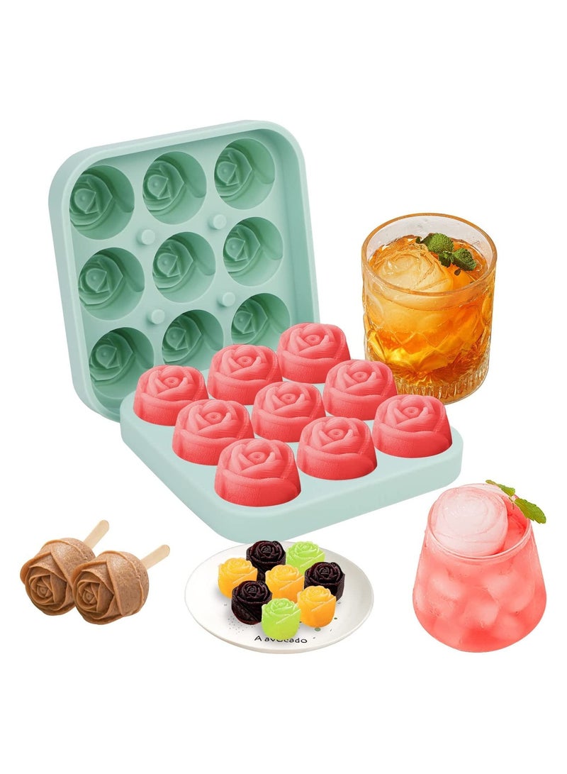 SYOSI 9 Hole Silicone Rose Ice Cube Mold, Ice Ball Maker with Lid, Silicone Sphere Ice Cube Tray Sphere Ice Cube Mold Silicone Ice Ball Maker Ice Cube Container for Cooling Whiskey Cocktail Juice, Green - Image 1