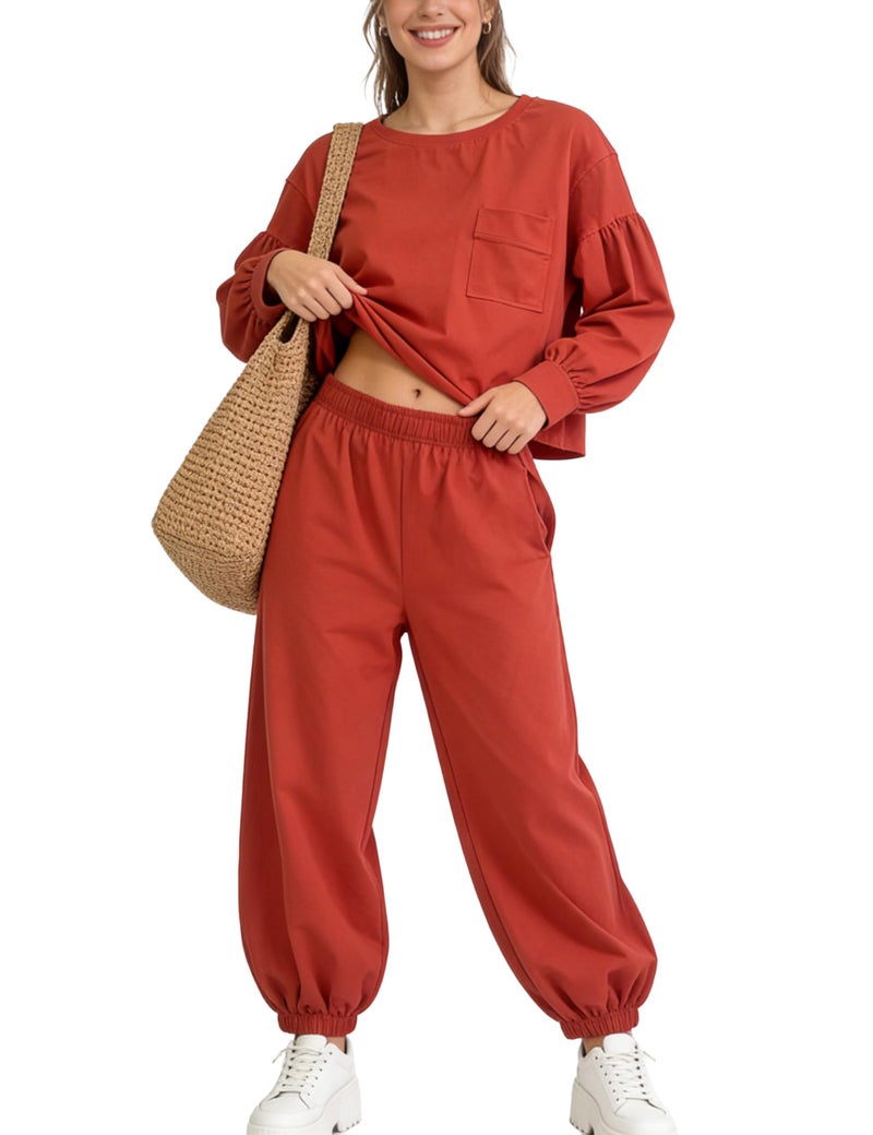 IQSQSQ Womenâ€™s 2 Piece Lounge Set Athleisure Matching Sweatsuit Relaxed Boxy Top and Mid-Rise Jogger Pants for Travel Outfits(Rust-M) - Image 1