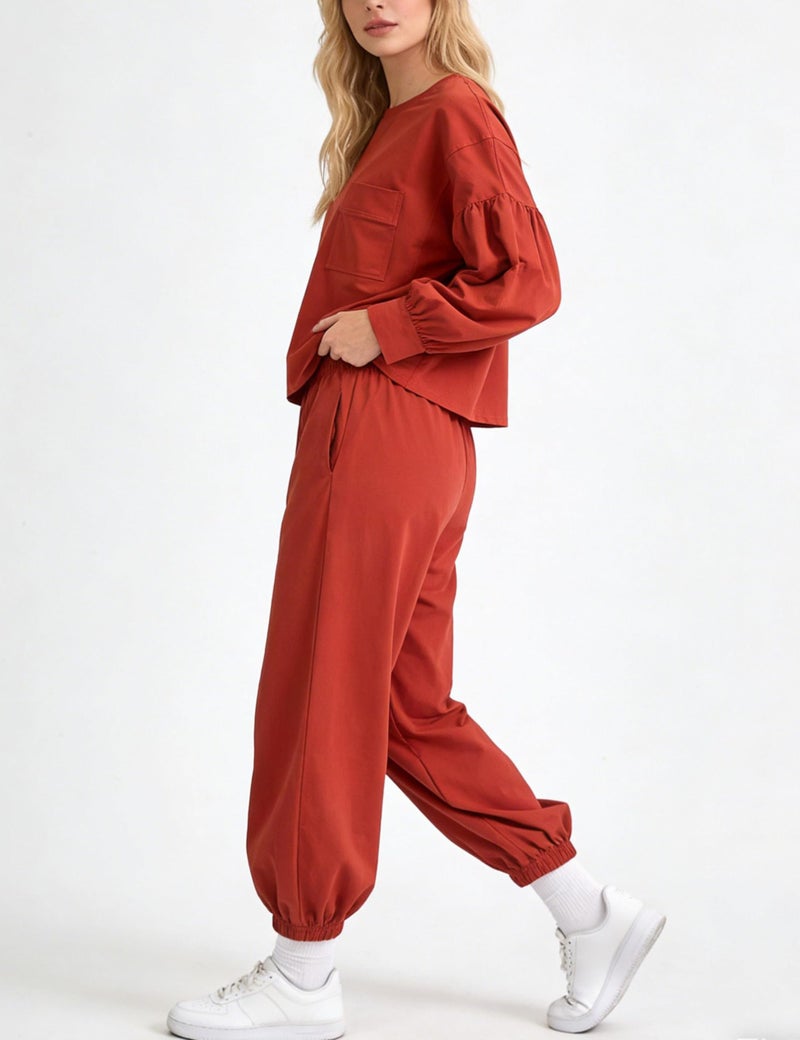 IQSQSQ Womenâ€™s 2 Piece Lounge Set Athleisure Matching Sweatsuit Relaxed Boxy Top and Mid-Rise Jogger Pants for Travel Outfits(Rust-M) - Image 2