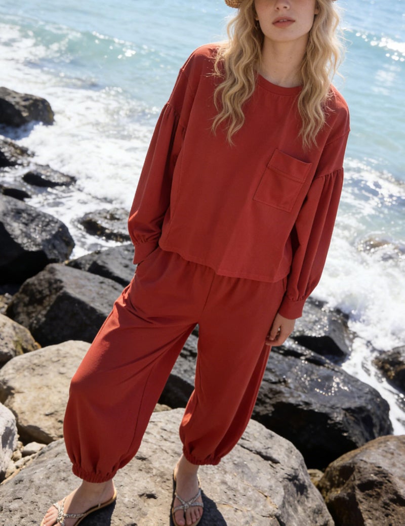 IQSQSQ Womenâ€™s 2 Piece Lounge Set Athleisure Matching Sweatsuit Relaxed Boxy Top and Mid-Rise Jogger Pants for Travel Outfits(Rust-M) - Image 3
