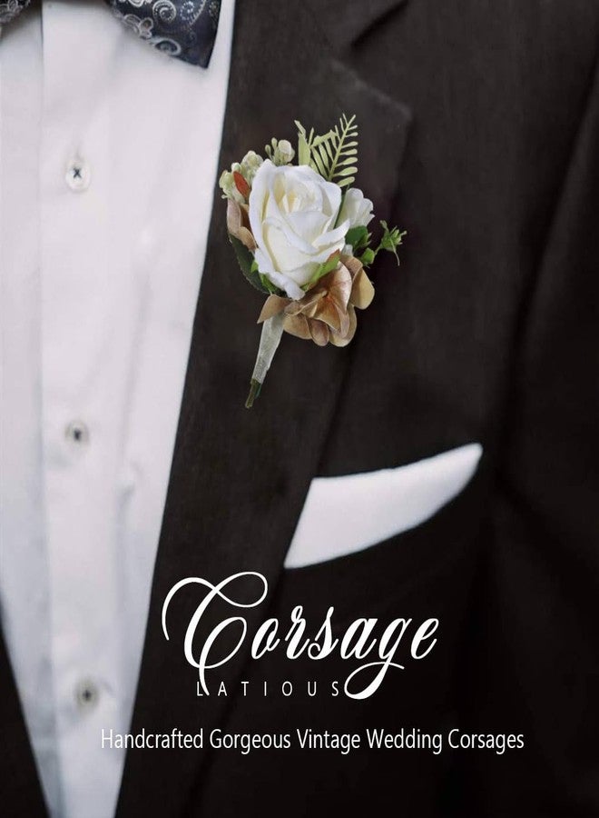 Latious Wedding Flower Boutonniere White Groom Rose Buttonholes Men's Boutineer Party Suit Decoration Prom Anniversary Accessories for Groomsmans and Man (White) - Image 4