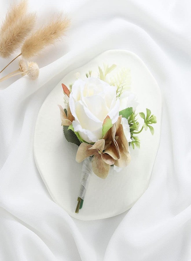 Latious Wedding Flower Boutonniere White Groom Rose Buttonholes Men's Boutineer Party Suit Decoration Prom Anniversary Accessories for Groomsmans and Man (White) - Image 2