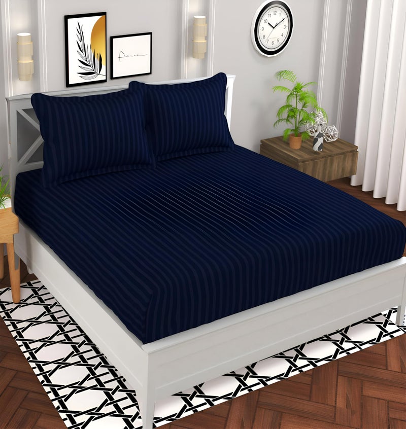 STARNSTYLE 220 Cotton Feel Glace Cotton Double Bedsheet with 2 Pillow Cover (90x90 inch) Navy Blue - Image 1