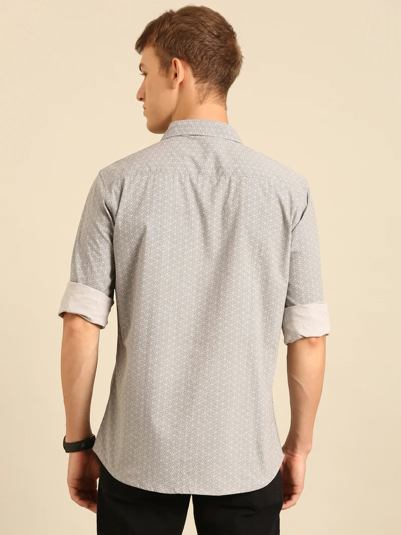 Joven Grey Printed Cotton Casual Shirt for Men
