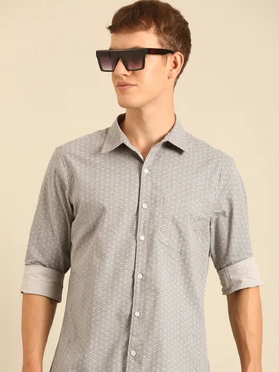 Joven Grey Printed Cotton Casual Shirt for Men