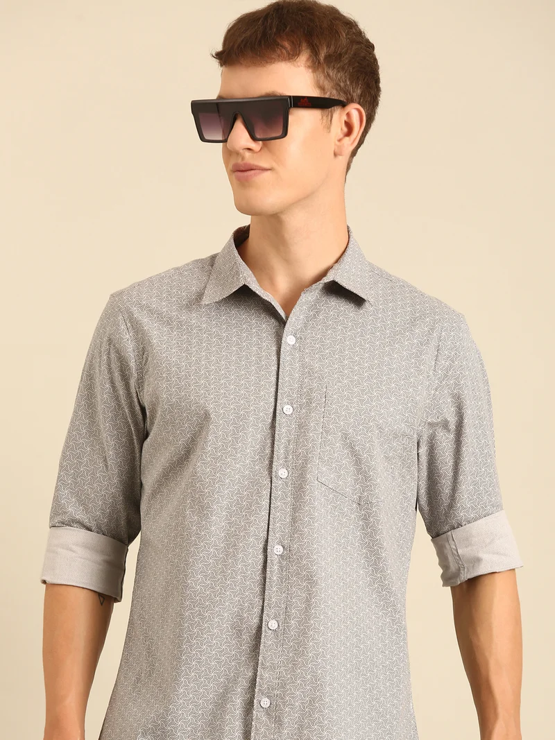 Joven Grey Printed Cotton Casual Shirt for Men