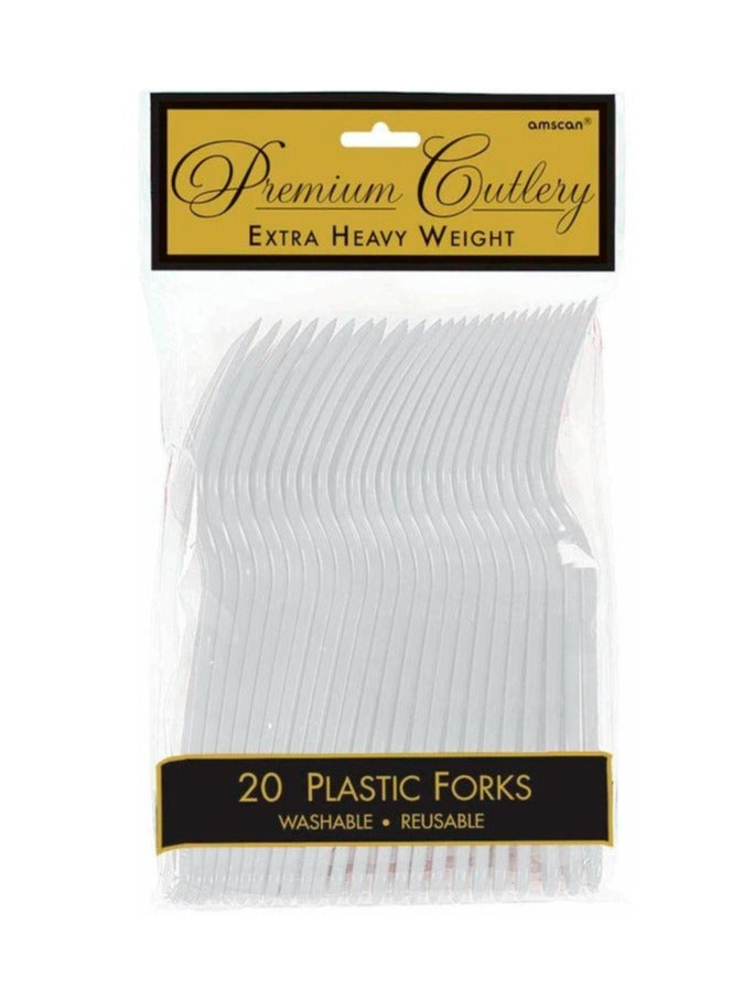 Amscan Reusable Heavy Duty Food Grade Plastic Forks, Silver - 20pcs