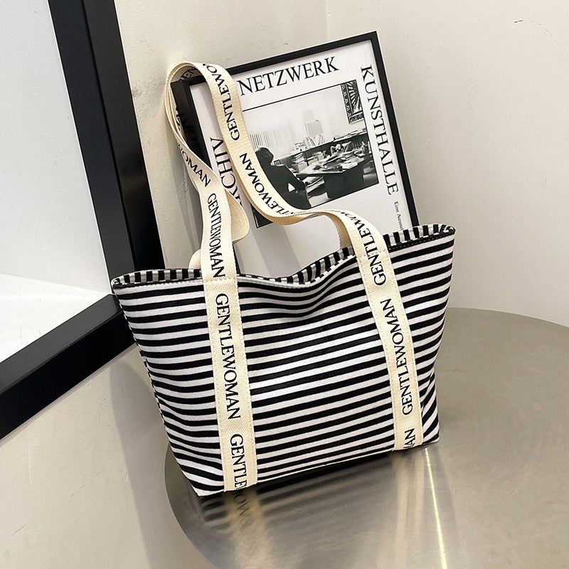 Gw Alphabet Canvas Tote Bag New Large Capacity Thai Internet Celebrated Handbag Striped Shoulder All-Match Mummy Bag Trendy - Image 2
