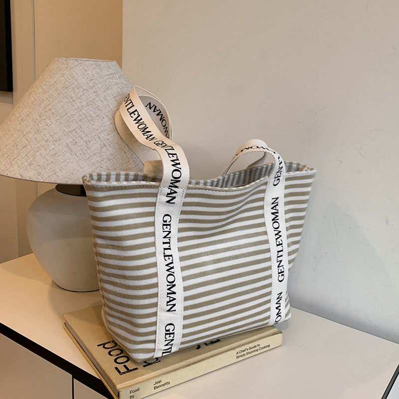 Gw Alphabet Canvas Tote Bag New Large Capacity Thai Internet Celebrated Handbag Striped Shoulder All-Match Mummy Bag Trendy - Image 1