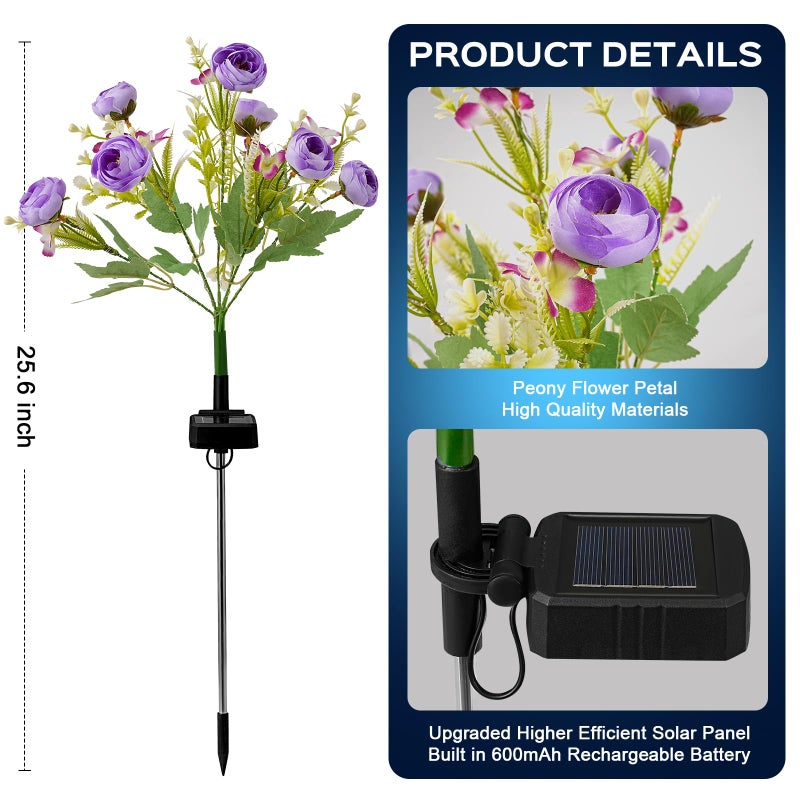 TANSOREN 4 Pack Solar Garden Lights Outdoor, LED Colorful Waterproof Solar Powered Peony Flowers Landscape Lights for Patio, Outside Yard, Pathway Decorative, DÃ©cor, Two Lightning Modes - Image 3