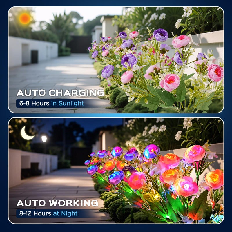 TANSOREN 4 Pack Solar Garden Lights Outdoor, LED Colorful Waterproof Solar Powered Peony Flowers Landscape Lights for Patio, Outside Yard, Pathway Decorative, DÃ©cor, Two Lightning Modes - Image 2