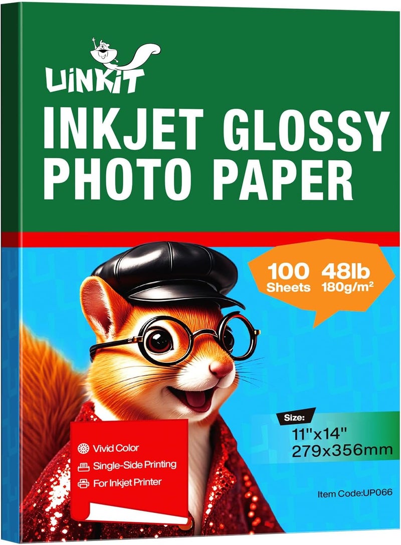 Uinkit 180gsm Glossy Photo Paper 11x14 Inches - 100 Sheets for Dye Ink | Quick Dry, No Smudging | Single-Sided Pro Finish, Thick 48lb No Curling - Image 1