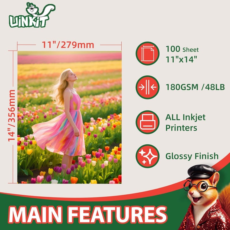 Uinkit 180gsm Glossy Photo Paper 11x14 Inches - 100 Sheets for Dye Ink | Quick Dry, No Smudging | Single-Sided Pro Finish, Thick 48lb No Curling - Image 2