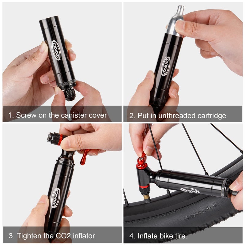 CXWXC CO2 Inflator with 4 x 16g CO2 Cartridges & Tubeless Tire Repair Kit - Presta/Schrader Valve Compatible - Bicycle Tire Pump for Road and Mountain Bikes - Image 5