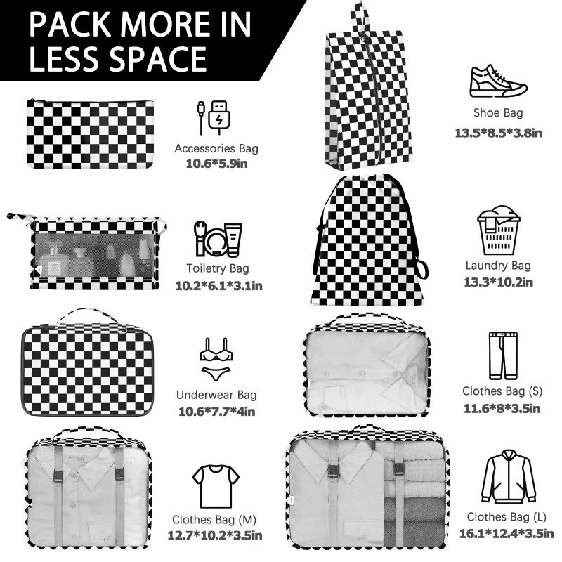 KPX 8 Set Packing Cubes for Travel, Luggage Packing Organizers Accessories Large Toiletries Bag for Clothes Shoes Cosmetics (8Set-Black Checkered) - Image 2