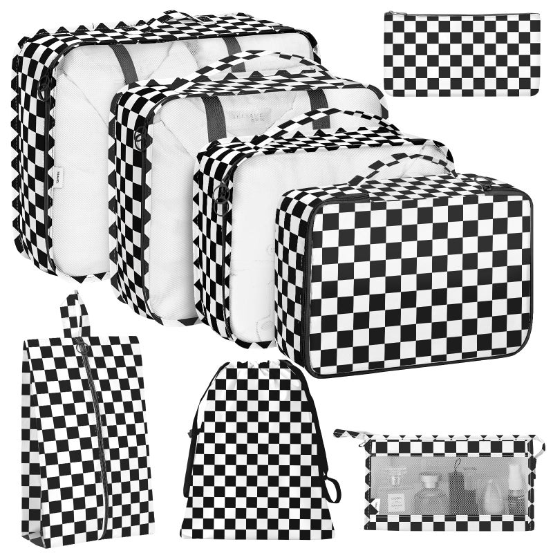 KPX 8 Set Packing Cubes for Travel, Luggage Packing Organizers Accessories Large Toiletries Bag for Clothes Shoes Cosmetics (8Set-Black Checkered) - Image 1