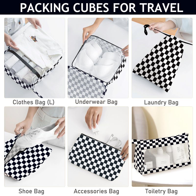 KPX 8 Set Packing Cubes for Travel, Luggage Packing Organizers Accessories Large Toiletries Bag for Clothes Shoes Cosmetics (8Set-Black Checkered) - Image 4