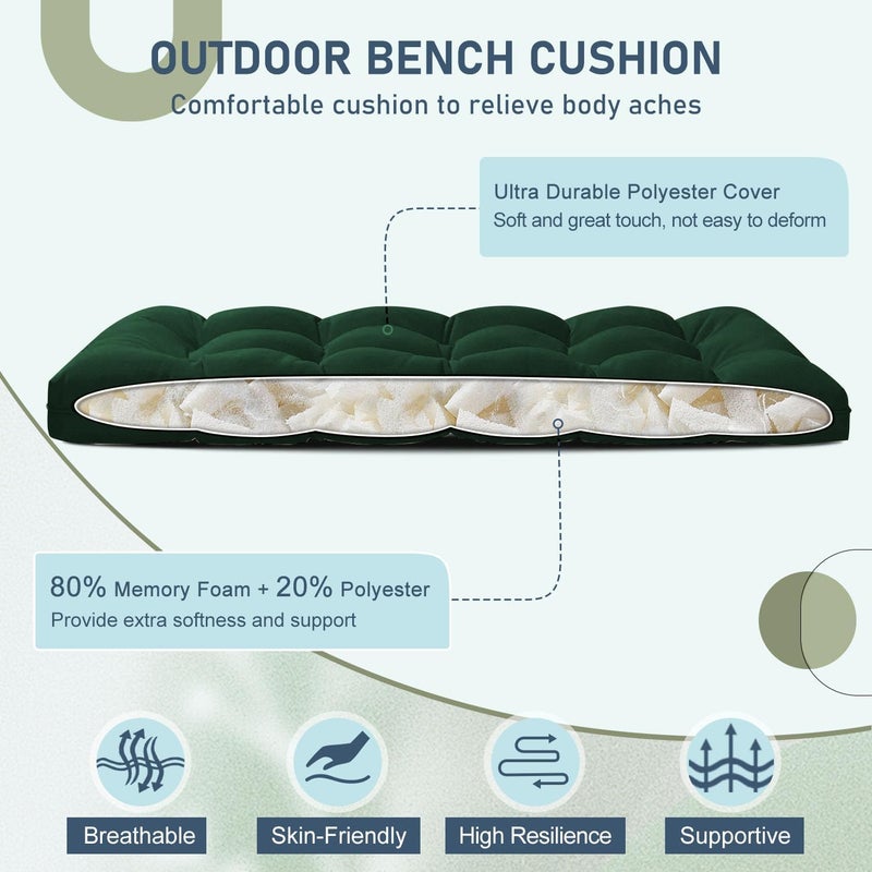 downluxe Outdoor Bench Cushion for Patio Furniture, Waterproof Tufted Overstuffed Porch Swing Cushions, Thick Outdoor Loveseat Cushions, 44" X 19" X 5", Forest Green, Set of 1 - Image 2