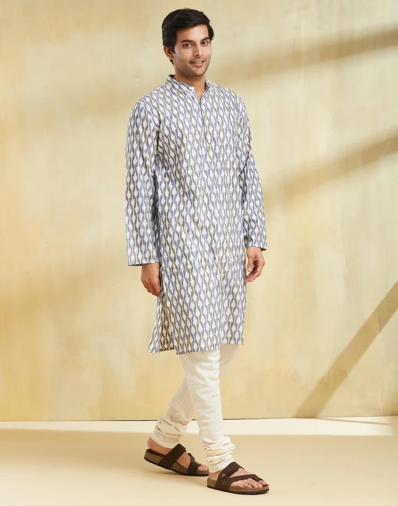 Fabindia Blue Cotton Ikat Slim Fit Long Kurta