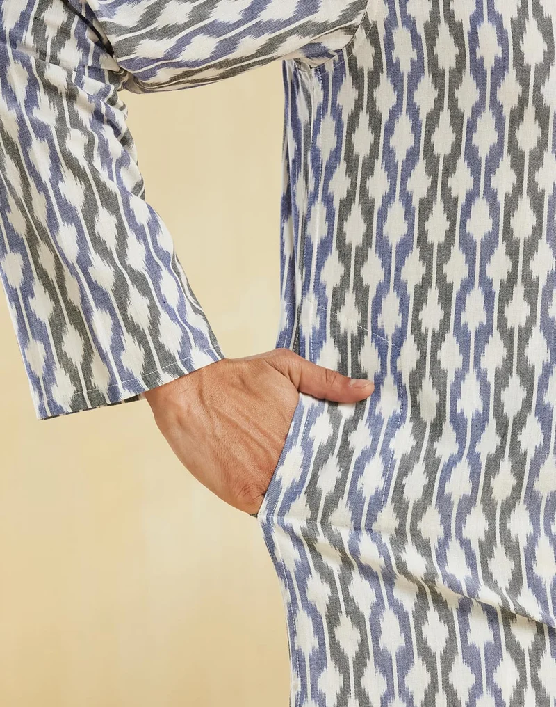 Fabindia Blue Cotton Ikat Slim Fit Long Kurta