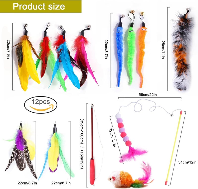 SLE 12Pcs Interactive Cat Toy Set with Bells and Colorful Feathers - Image 2