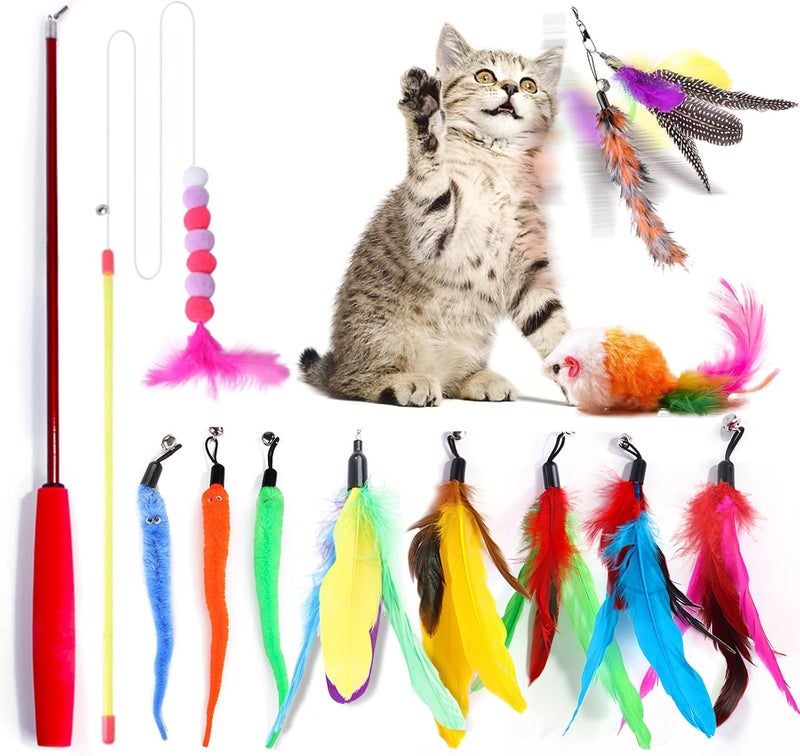 SLE 12Pcs Interactive Cat Toy Set with Bells and Colorful Feathers - Image 1